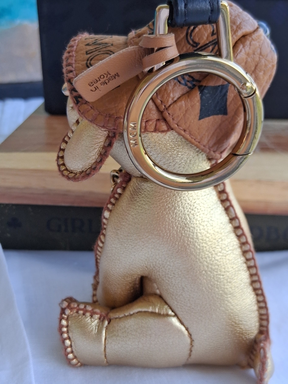 MCM Gold Leather Dog Key Charm with Sunglasses - Picture 6 of 11